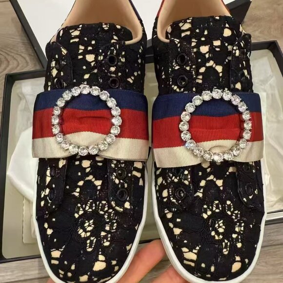 NIB Authentic Gucci Black Lace Ace Web Crystal Embellished Sneaker - Picture 2 of 6